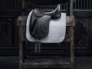 Saddle sitting on a saddle rack in a stable