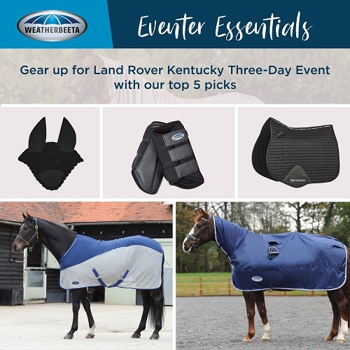Collage of some essential equipment for eventing, including a fly mask, horse boots, saddle pads and blankets.